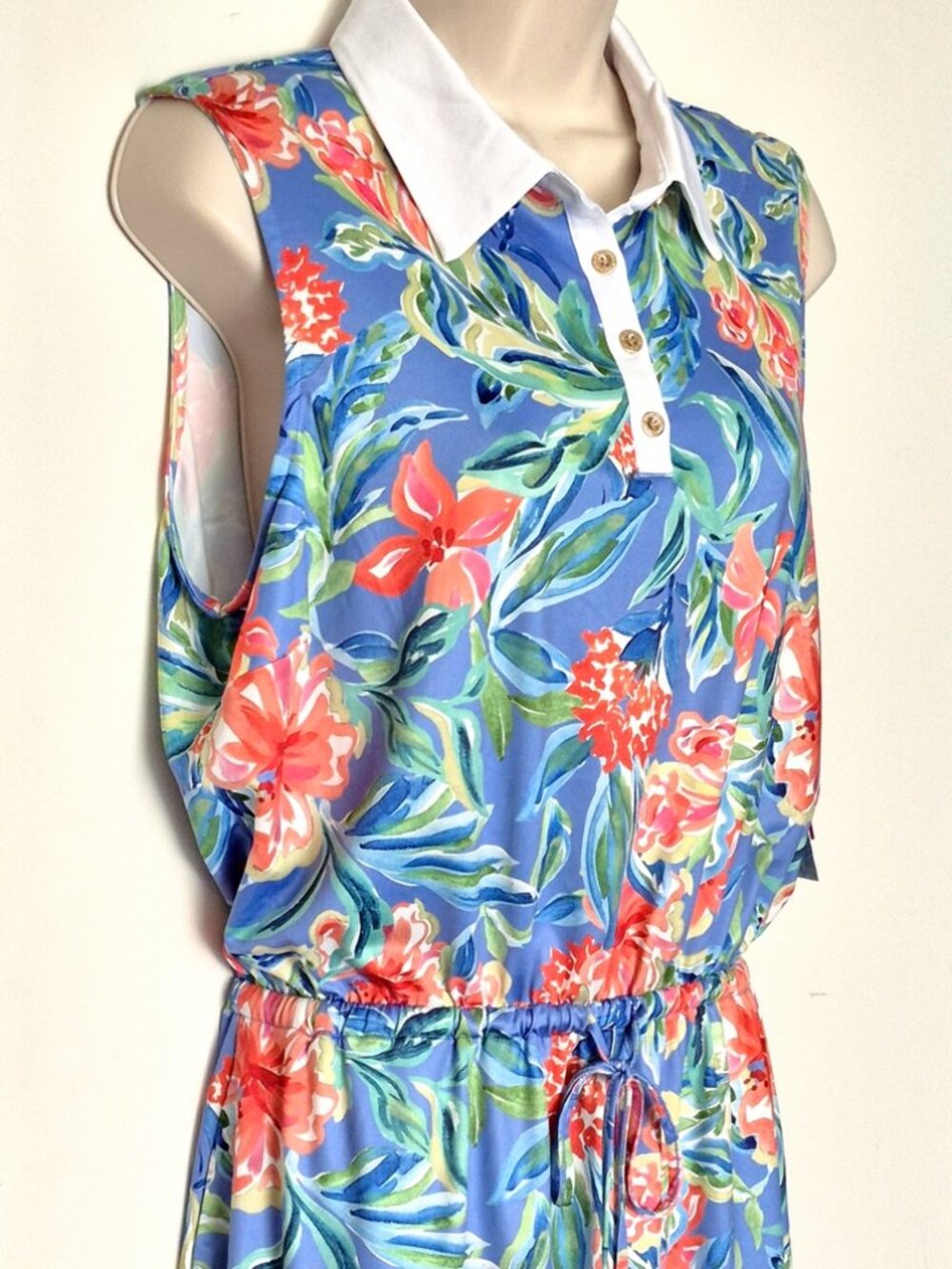 Stella Parker Sleeveless Polo Stretch Dress Elastic Waist with Tie Floral Size M